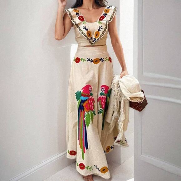 Passion of Essence Boutique Dresses & Skirts - Sleeveless Floral Print Two-Piece Set - Ruffle Crop Top & Maxi Skirt